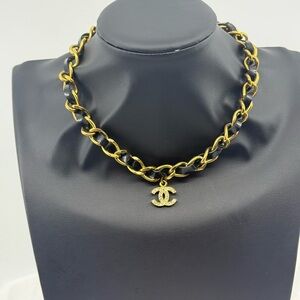 Chanel Vintage Leather & Crystal CC Gold Chain Link Choker Necklace